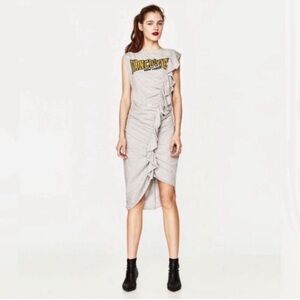 ZARA RUCHED/BODYCON Knit Sleeveless Tank DRESS Sz M Gray Yellow Ruffle Maxi/Midi